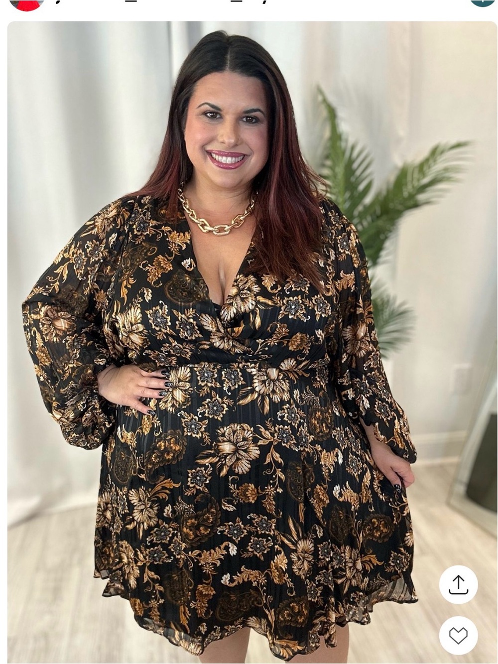 Plus Size Black & Gold Floral V-Neck Dress